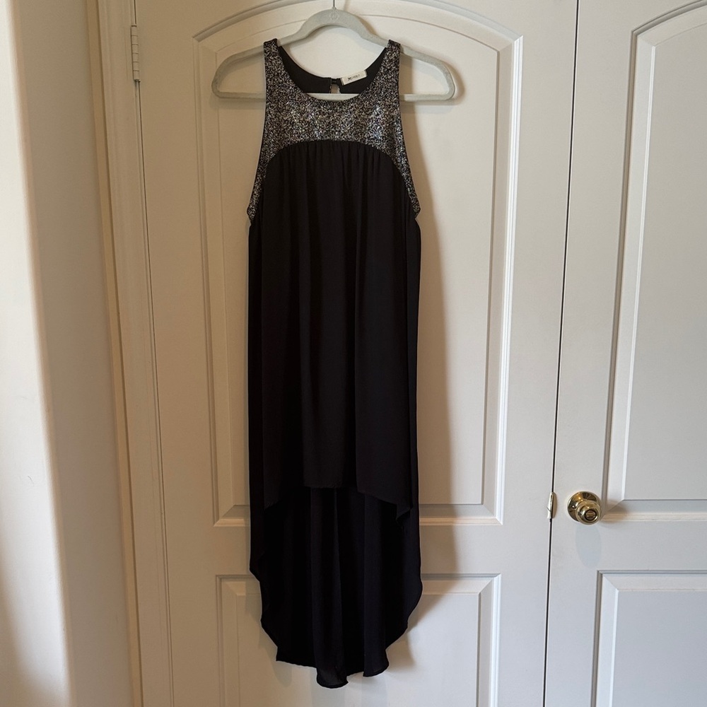 Everly Black High-Low Dress with Gold Metallic Yoke
